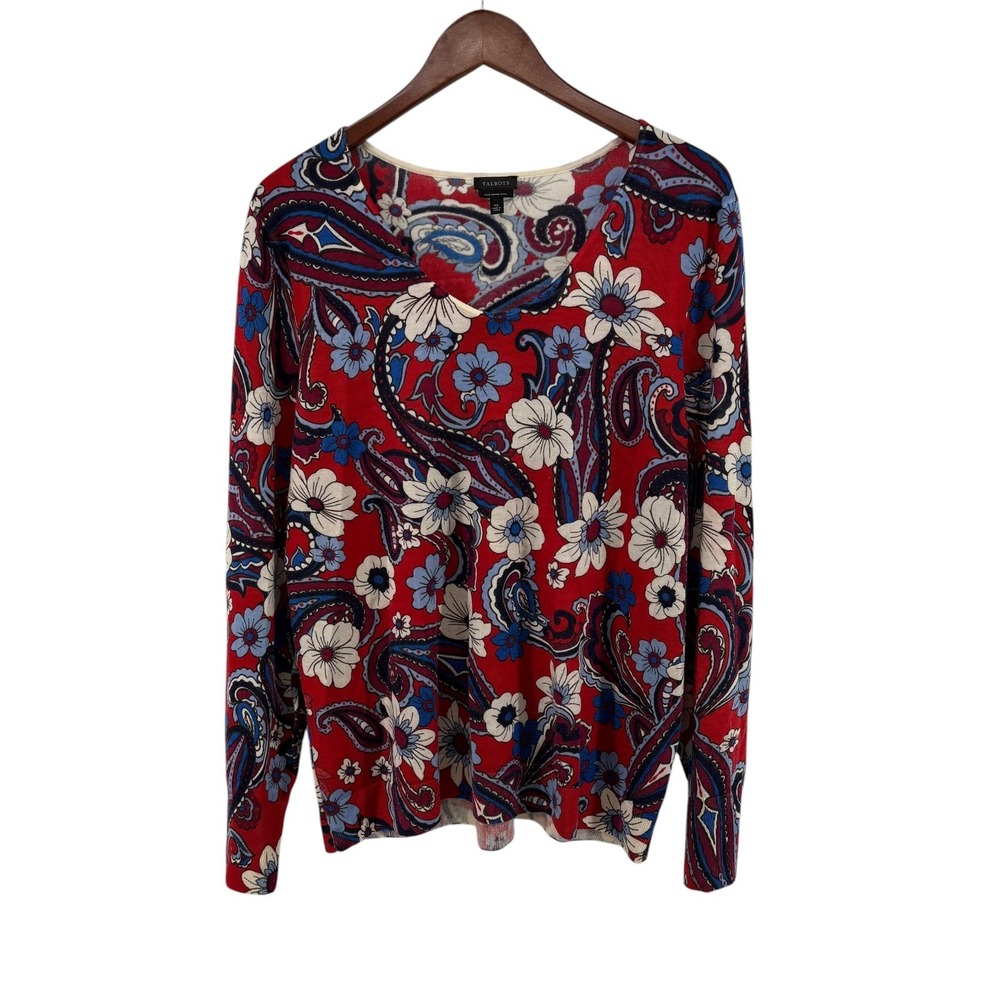Talbots Paisley Bloom Merino Wool V-Neck Puff Sleeve Sweater XL Red Blue